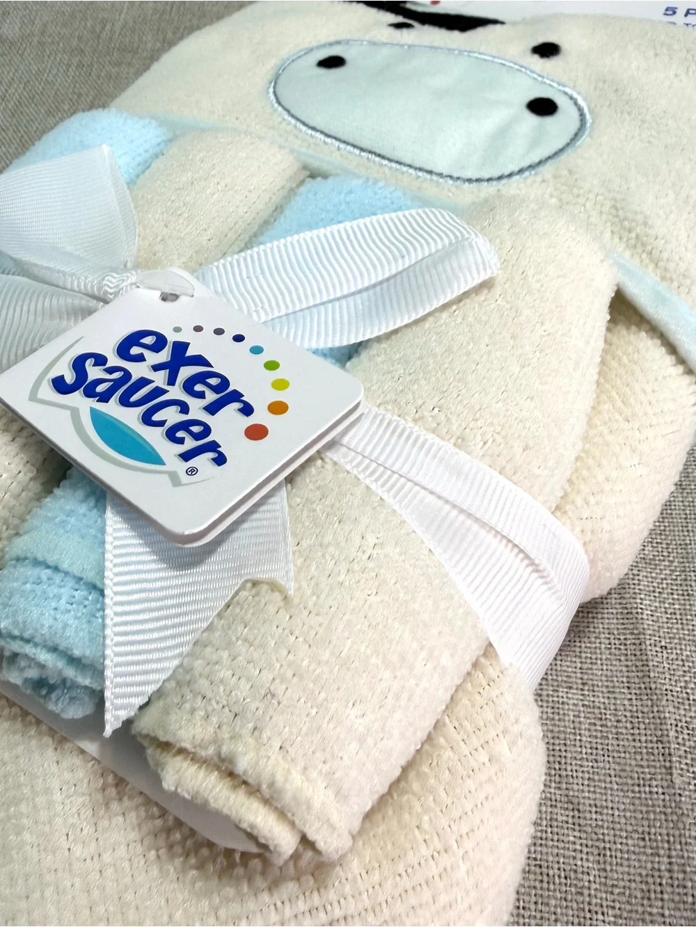 Baby Cow Hooded Towel & Washcloth Set - Cream and Light Blue